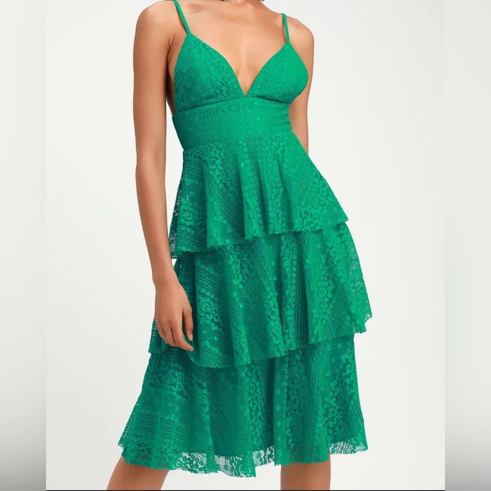 Endless Romance Green Lace Ruffled Midi Dress